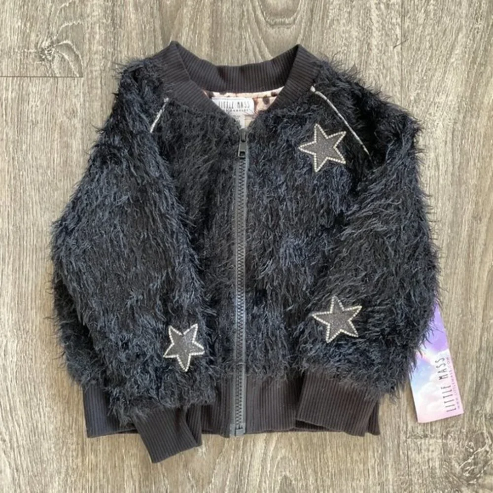 Little Mass Shaggy Stars Bomber Jacket Black Coat Leopard Lined‎ Made In USA NWT